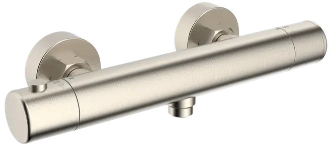 Termostatisk bruserarmatur i børstet nikkel med cylindrisk design, to runde vægbeslag og central vandudgang. Har temperaturkontrol og minimalistisk stil til moderne badeværelser.