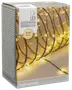 Box containing a 3-meter string of LED lights emitting a warm white glow. The lights are evenly spaced along a dark wire, suitable for indoor use. The packaging highlights the warm white color and LED technology.