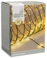 Box containing a 3-meter string of LED lights emitting a warm white glow. The lights are evenly spaced along a dark wire, suitable for indoor use. The packaging highlights the warm white color and LED technology.
