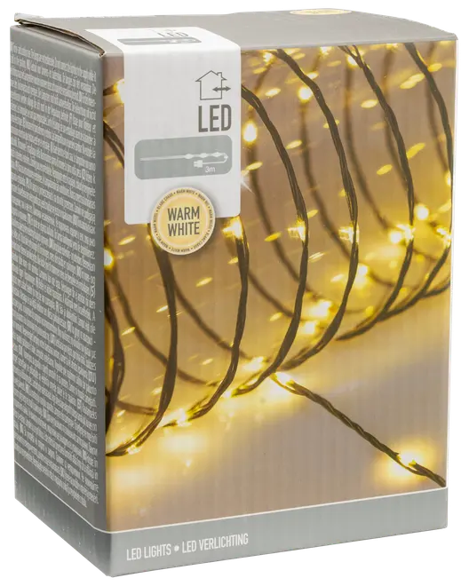 Box containing a 3-meter string of LED lights emitting a warm white glow. The lights are evenly spaced along a dark wire, suitable for indoor use. The packaging highlights the warm white color and LED technology.
