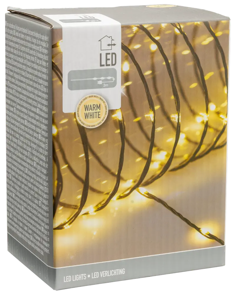 Box containing a 3-meter string of LED lights emitting a warm white glow. The lights are evenly spaced along a dark wire, suitable for indoor use. The packaging highlights the warm white color and LED technology.