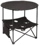 Rundt sort foldbart campingbord med kopholdere, nedre opbevaringshylde og sidelomme. Letvægts metalstel, bærbart design, ideelt til picnic eller camping.