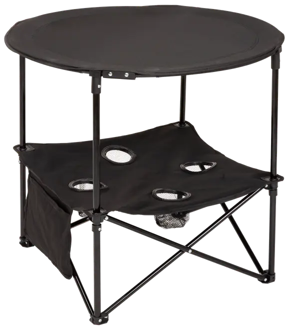 Rundt sort foldbart campingbord med kopholdere, nedre opbevaringshylde og sidelomme. Letvægts metalstel, bærbart design, ideelt til picnic eller camping.