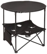 Rundt sort foldbart campingbord med kopholdere, nedre opbevaringshylde og sidelomme. Letvægts metalstel, bærbart design, ideelt til picnic eller camping.
