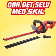 Rød og sort batteridrevet hækkeklipper med ergonomisk håndtag, gennemsigtigt håndbeskytter, langt dobbeltblad, bladbeskytter og SKIL-logo. Inkluderer batteripakke. Velegnet til havearbejde.