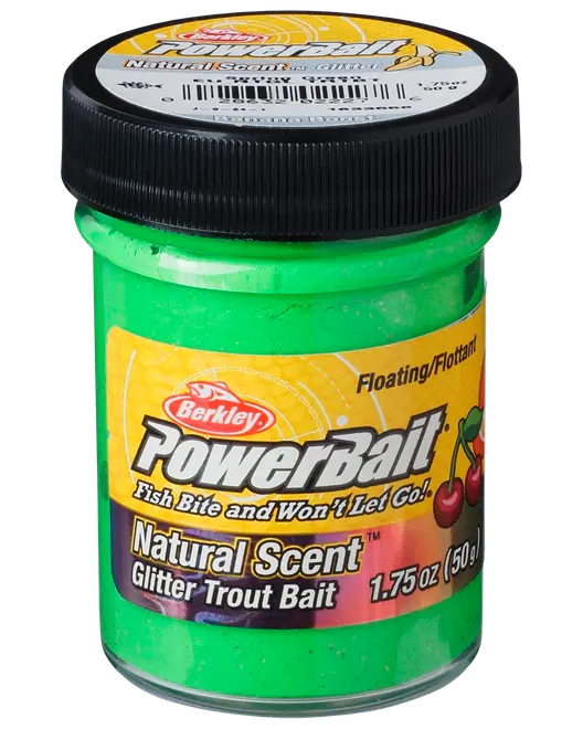 Bøtte med Berkley PowerBait Glitter Trout Bait, 1,75 oz, grøn farve, flydende formel med naturlig duft, designet til at tiltrække fisk og øge fangst.