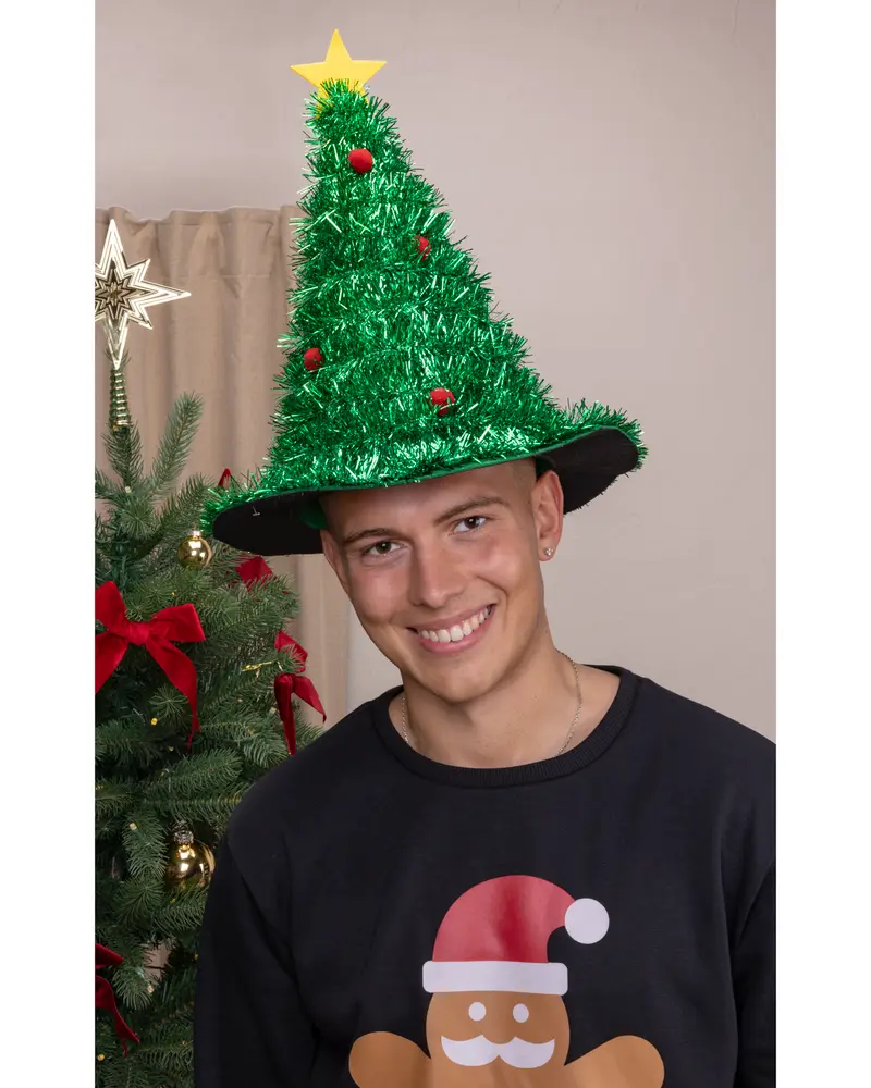 Rolig julgranshatt med grön glitter, röda kulor och gul stjärna på toppen. Svart brätte. Festligt tillbehör för julfirande. En storlek passar de flesta vuxna.