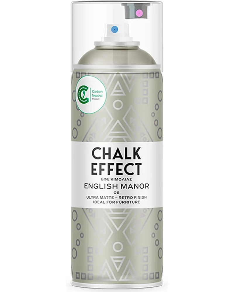 Spraydåse med etiketten 'Chalk Effect English Manor'. Ultra mat, retro finish, ideel til møbler. Lys grå farve med geometriske mønstre. Kulstofneutral produkt. 400ml.