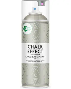 Spraydåse med etiketten 'Chalk Effect English Manor'. Ultra mat, retro finish, ideel til møbler. Lys grå farve med geometriske mønstre. Kulstofneutral produkt. 400ml.