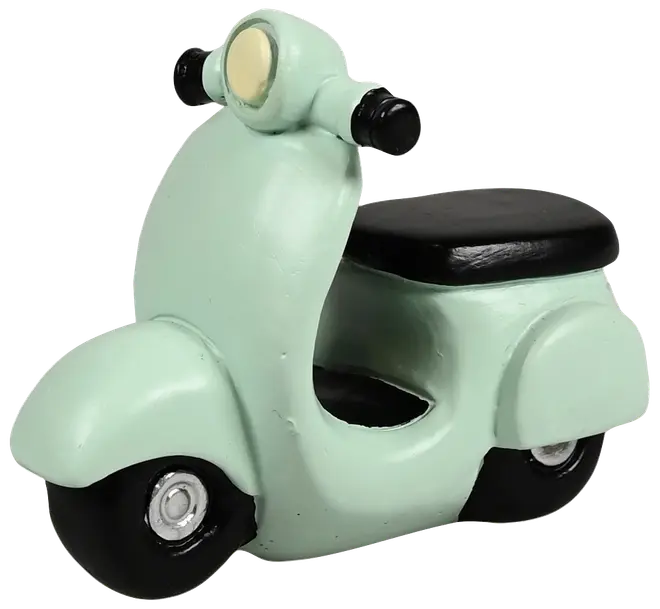 Lysegrøn scooterfigur med sort sæde og hjul, afrundet design og cremefarvet forlygte. Dekorativ genstand, kompakt størrelse, egnet til udstilling eller samling.