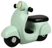 Lysegrøn scooterfigur med sort sæde og hjul, afrundet design og cremefarvet forlygte. Dekorativ genstand, kompakt størrelse, egnet til udstilling eller samling.