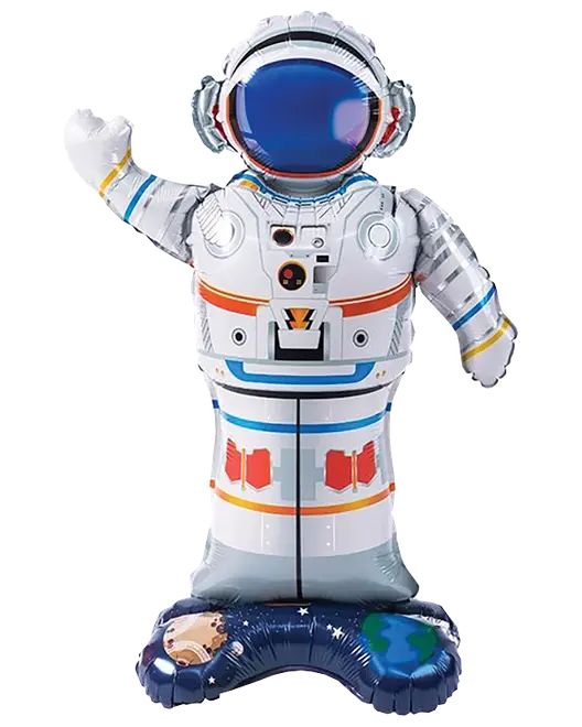 Astronautformet oppustelig folieballon med hvid rumdragt, blå spejlvisir, farverige missiondetaljer og mørkeblå base til stående display.