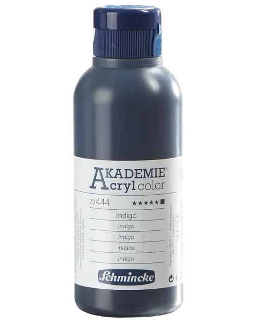 500 ml flaske Schmincke Akademie Acryl color akrylmaling i indigo. Har skruelåg, robust plastbeholder og etiket med farveinformation og mærkelogo.