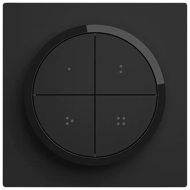 Moderne sort cirkulær vægkontakt med fire kvadranter, hver med fire små prikker. Elegant, minimalistisk design til smart home eller lysstyring.