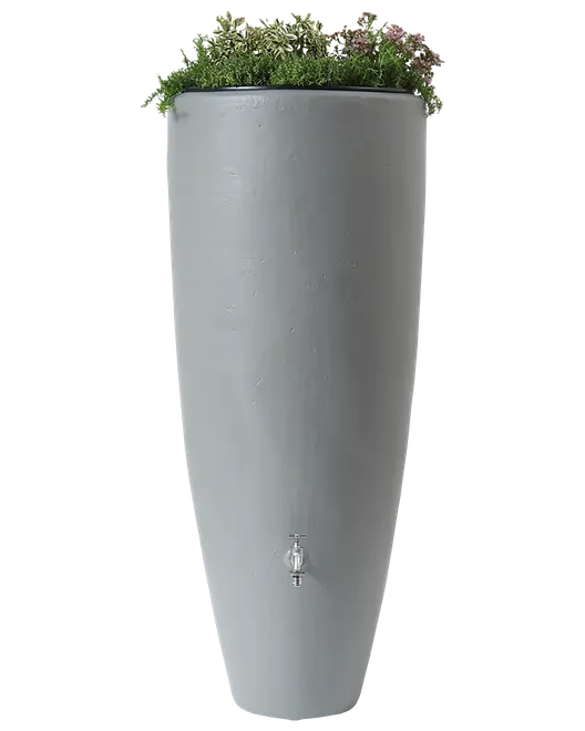 Høj, grå regnvandstønde med plantekasse øverst, glat overflade og metalhane nær bunden for nem vandadgang. Moderne, pladsbesparende design til haven.
