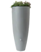 Høj, grå regnvandstønde med plantekasse øverst, glat overflade og metalhane nær bunden for nem vandadgang. Moderne, pladsbesparende design til haven.