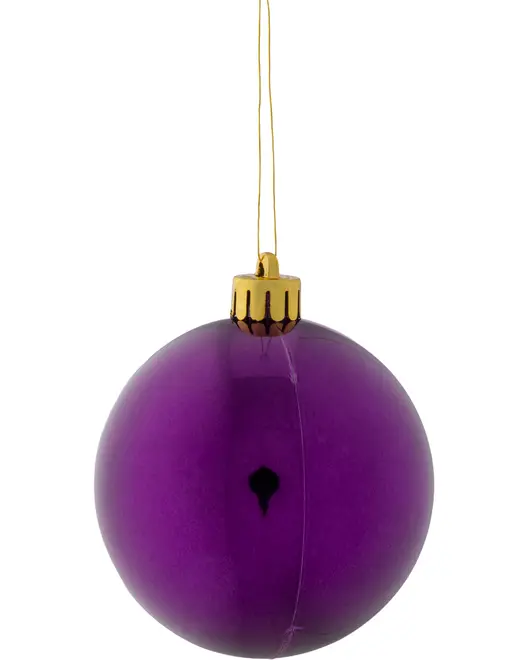 Blank lilla julekugle i glas med guldfarvet top og ophængssnor. Glat, rund overflade, perfekt til juletræspynt.
