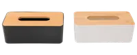 Rektangulære servietbokse med bambuslåg og ovalt åbning, fås med sort eller hvid bund. Moderne, minimalistisk design til hjemmet eller kontoret.