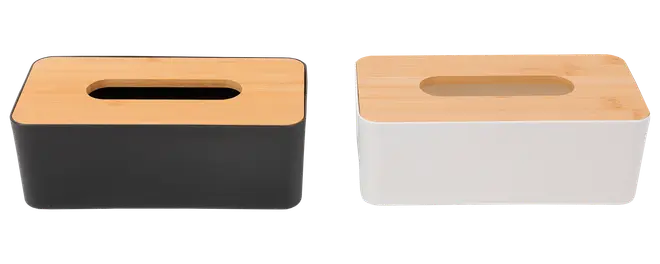 Rektangulære servietbokse med bambuslåg og ovalt åbning, fås med sort eller hvid bund. Moderne, minimalistisk design til hjemmet eller kontoret.