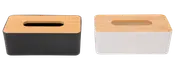 Rektangulære servietbokse med bambuslåg og ovalt åbning, fås med sort eller hvid bund. Moderne, minimalistisk design til hjemmet eller kontoret.
