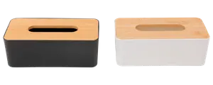 Rektangulære servietbokse med bambuslåg og ovalt åbning, fås med sort eller hvid bund. Moderne, minimalistisk design til hjemmet eller kontoret.
