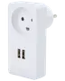 Hvid stikadapter med ét europæisk strømudtag og to USB-porte til opladning af enheder. Kompakt, rektangulært design, velegnet til hjemmet eller kontoret.