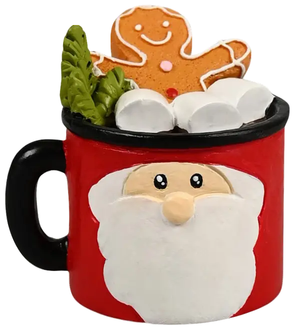 Festiv rød krus med julemandens ansigt, sort hank, pyntet med skumfiduser, grønne blade og en smilende honningkagemand. Perfekt til juledekoration eller gave. Keramisk materiale.