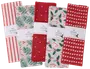 Set med fem tygbitar, 45x45 cm, med julmönster: röda ränder, grankvistar, vita prickar på rött, järnek och vita hjärtan på rött. Perfekt för DIY-projekt.