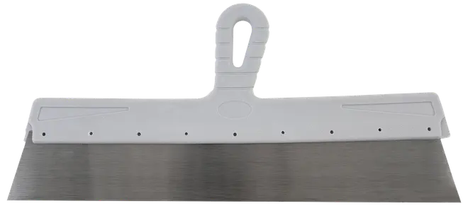 Bred spackel med vitt plasthandtag och stor blad i rostfritt stål, perfekt för utjämning av material. Utrustad med upphängningshål för enkel förvaring.