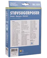 Pakke med 4 støvsugerposer, kompatible med Bosch, Siemens og Kärcher modeller. Blå æske med modelliste og varenummer 1859. Clean Action mærke.