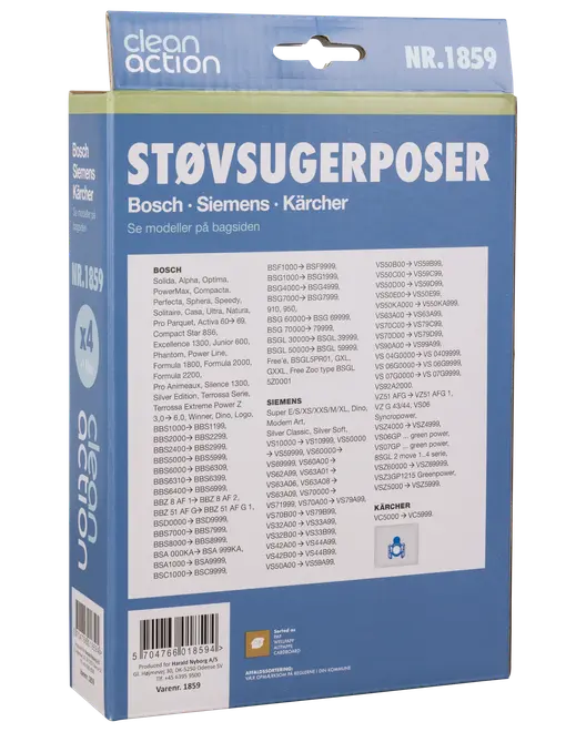 Pakke med 4 støvsugerposer, kompatible med Bosch, Siemens og Kärcher modeller. Blå æske med modelliste og varenummer 1859. Clean Action mærke.