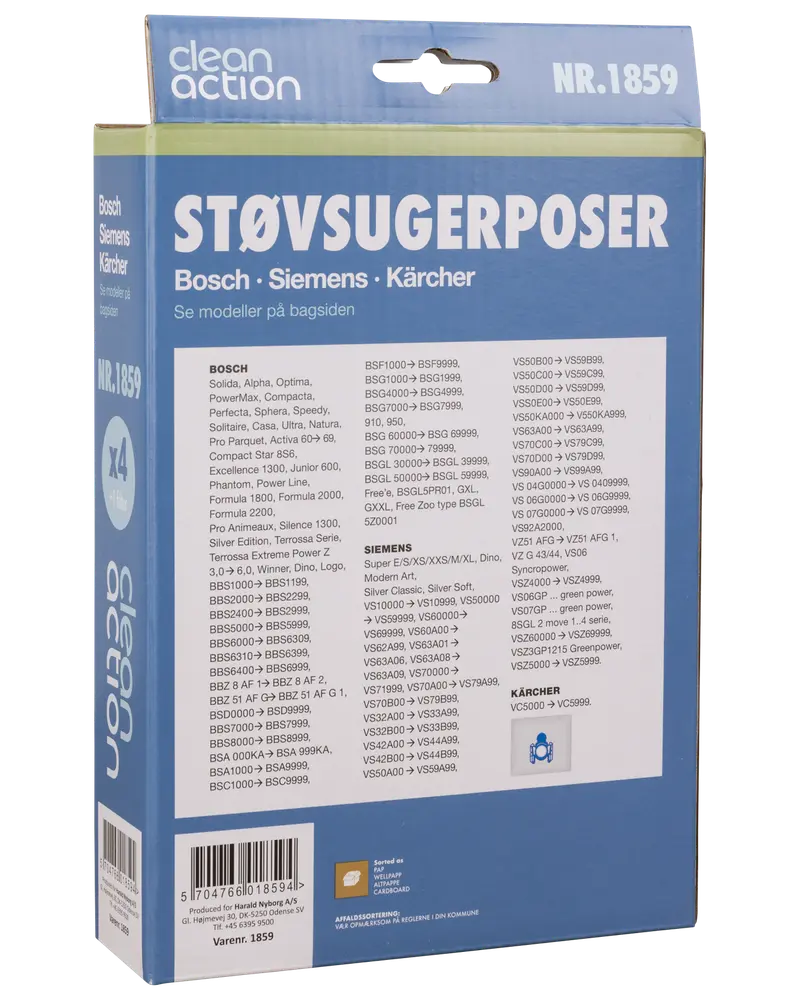 Pakke med 4 støvsugerposer, kompatible med Bosch, Siemens og Kärcher modeller. Blå æske med modelliste og varenummer 1859. Clean Action mærke.
