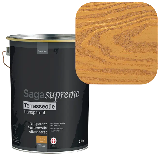 5-liters spand med transparent, oliebaseret terrasseolie. Fremhæver træets årer, velegnet til udendørs brug. Prøve viser varm, naturlig træfinish med synlig årestruktur.