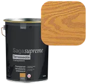 5-liters spand med transparent, oliebaseret terrasseolie. Fremhæver træets årer, velegnet til udendørs brug. Prøve viser varm, naturlig træfinish med synlig årestruktur.