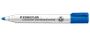 Staedtler Lumocolor whiteboard-tusch med blå hætte og spids, hvidt skaft, sort tekst og genbrugssymbol. Rund spids til glat skrivning på whiteboards.