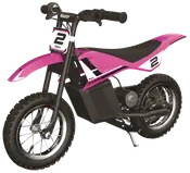 Lyserød og sort elektrisk crossmotorcykel med nummer 2 mærker, grove dæk, sort sæde og robust stel. Designet til børn, med Razor-logo og støtteben.