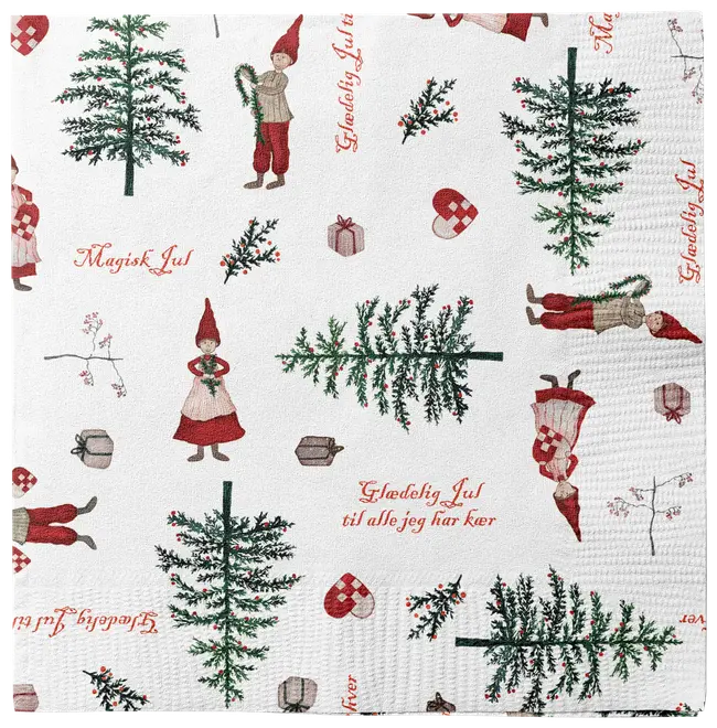Festligt viskestykke med julemotiver: nisser, træer, gaver, hjerter og danske julehilsener. Hvid baggrund, røde og grønne detaljer, hyggeligt design, ideelt til juletidens dekoration.