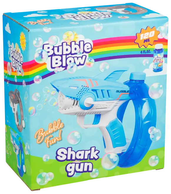 Blå hajformet sæbeboblepistol med ergonomisk håndtag, inkluderer 120 ml sæbeboblevæske. Designet til børn, skaber bobler til udendørs leg. Leveres i farverig æske med regnbue og bobler.