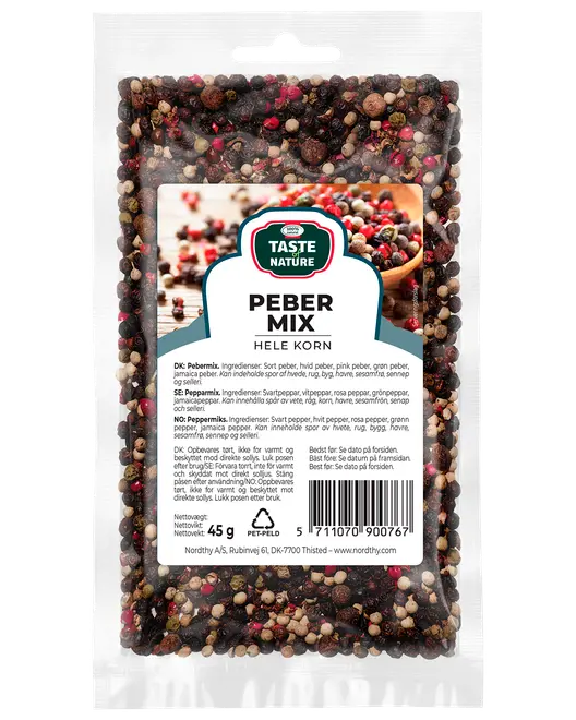 45g återförslutningsbar påse Taste of Nature pepparmix, hela korn av svart, vit, grön och rosa peppar. Perfekt för nymalen peppar till matlagning.