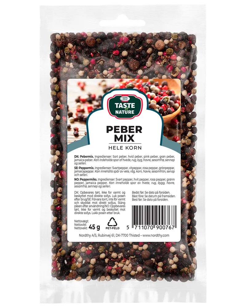 45g återförslutningsbar påse Taste of Nature pepparmix, hela korn av svart, vit, grön och rosa peppar. Perfekt för nymalen peppar till matlagning.