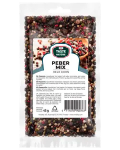 45g återförslutningsbar påse Taste of Nature pepparmix, hela korn av svart, vit, grön och rosa peppar. Perfekt för nymalen peppar till matlagning.