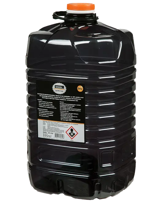 Stor 20-liters sort plastbeholder med orange skruelåg, mærket som brændstof til ovn. Indeholder sikkerhedsadvarsler og produktinformation på etiketten. Velegnet til opvarmningsapparater.