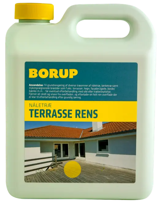 Plastdunk med Borup Terrasse Rens til nåletræ, gul skruelåg og bærehåndtag. Anvendes til rengøring af terrasser og udendørs træoverflader. Etiket med brugsanvisning og husbillede.