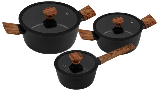 Sæt med tre sorte nonstick-gryder med glaslåg, træhåndtag og -knopper. Indeholder to kasseroller og én lille gryde, velegnet til forskellige madlavningsbehov.