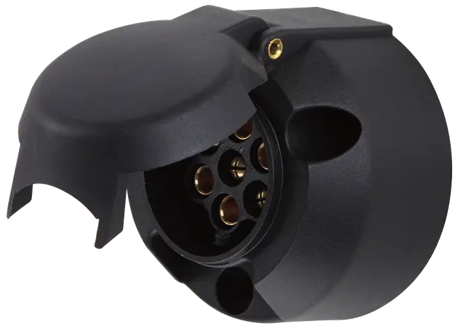 Sort 7-polet trailerstik med beskyttende klaplåg, rund form, messingkontakter, egnet til biltrækforbindelser, slidstærkt plastikhus, designet til sikker elektrisk forbindelse til trailere.