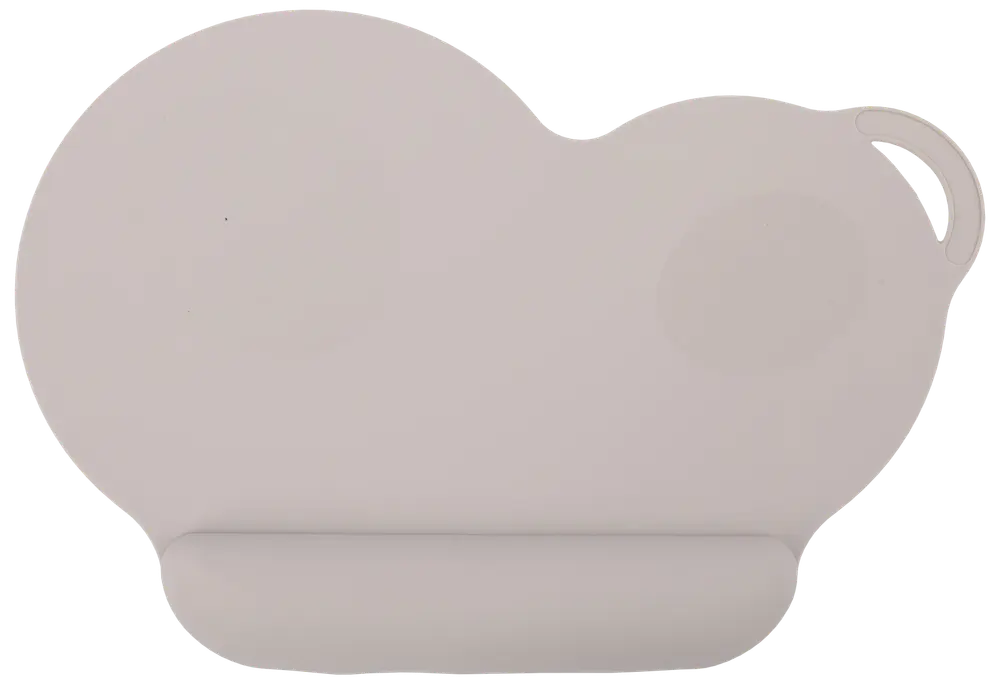 Lysegrå, skyformet silikone dækkeserviet med forhøjet kant og lille hank, designet til børn. Skridsikker overflade holder tallerkener på plads under måltider.