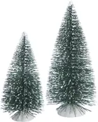 Sæt med to kunstige juletræer med sne på grenene, mørkegrønne, kegleformede, monteret på runde sølvbaser. Perfekt til juledekoration eller bordudstilling.