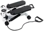 Kompakt stepmaskine med to skridsikre fodpedaler, modstandsbånd med håndtag og digitalt display til træningsdata. Robust hvid ramme, ideel til hjemmetræning.