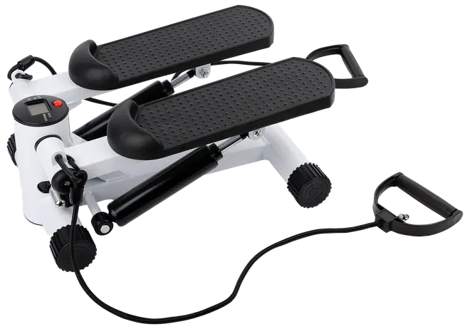 Kompakt stepmaskine med to skridsikre fodpedaler, modstandsbånd med håndtag og digitalt display til træningsdata. Robust hvid ramme, ideel til hjemmetræning.