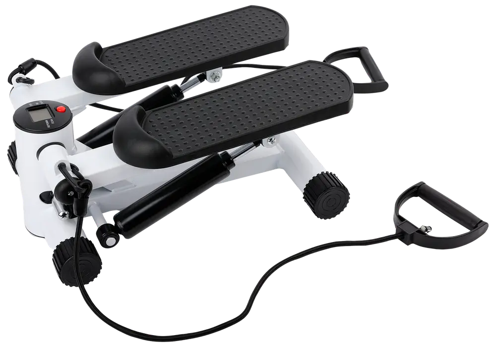 Kompakt steppmaskin med två halksäkra fotplattor, motståndsband med handtag och digital display för träningsdata. Stabil vit ram, perfekt för hemmaträning.